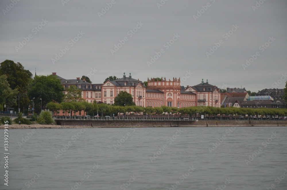 Fototapeta premium Houses on water on Rhine river in Wiesbaden