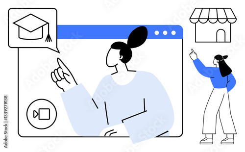 Woman interacting with virtual education platform, highlighting e-learning with graduation cap icon. Ideal for education, technology, remote learning, training, skills development, business