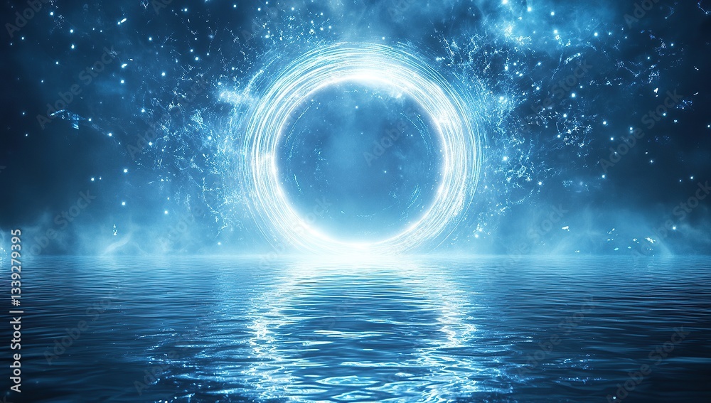 Obraz premium Blue background with a glowing white circle and light effect on the water surface