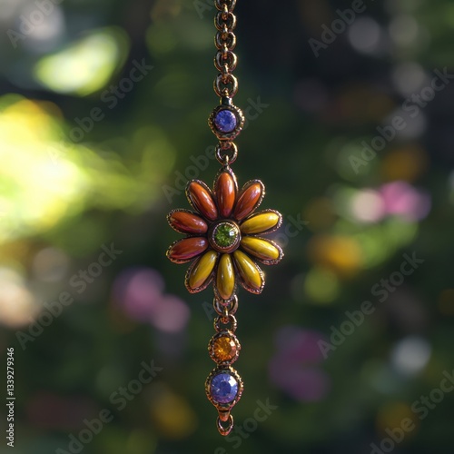 Floral Pendant Charm on a dainty chain. Colorful flower with gemstone accents and intricate detailing. Jewelry against blurred garden backdrop.