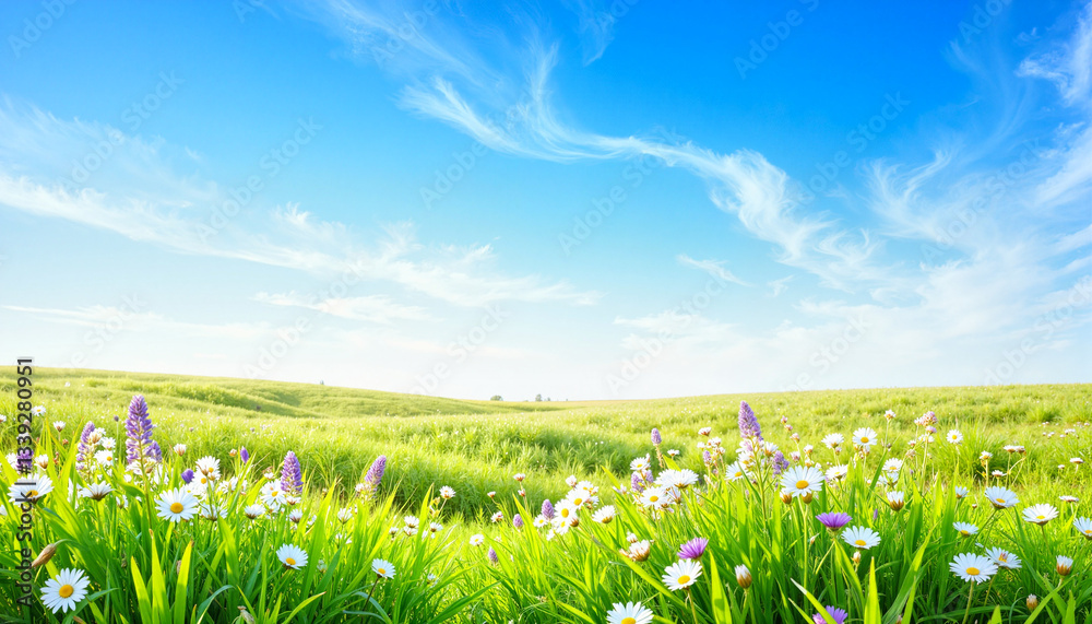 Fototapeta premium Vibrant blossoming field under bright blue sky, natural beauty