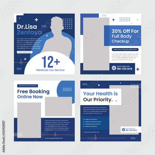Flat hospital Instagram posts collection, Medical Social Media Post Template Design Eps Vector Layout