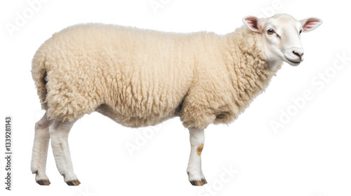 A fluffy white sheep stands proudly, showcasing its soft wool and gentle expression, isolated on a transparent background.
