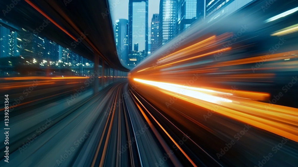 Fototapeta premium Dynamic cityscape with motion blur, vibrant lights streaking through urban landscape, conveying speed and energy, copy-space available.