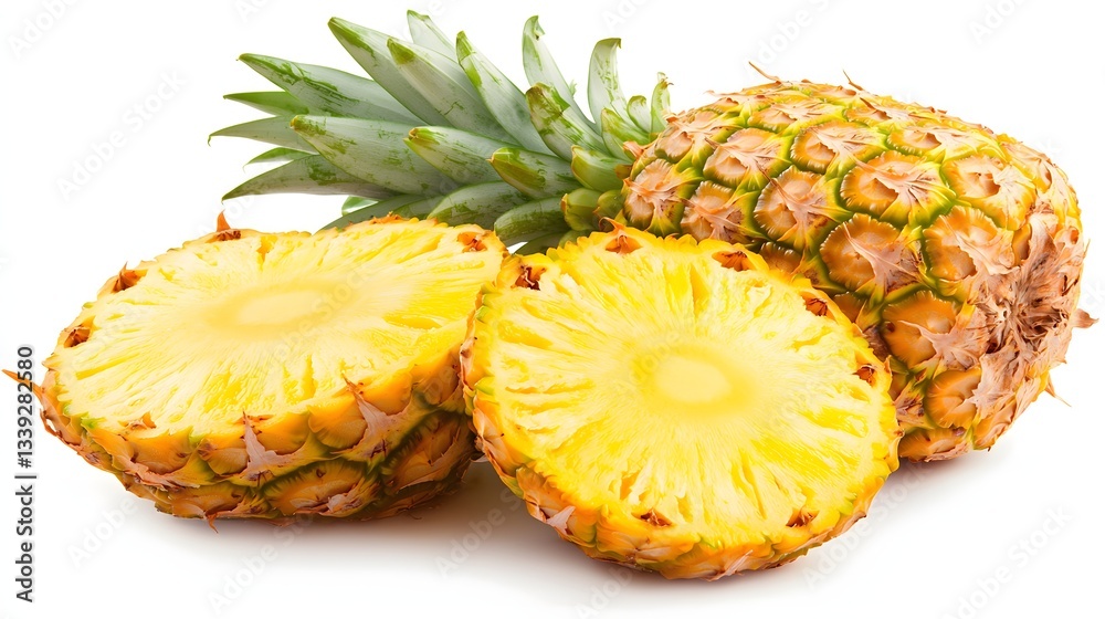 Fresh Tropical Pineapples with Slices Showing Juicy Yellow Interior on White Background Fresh Tropical Pineapples with Slices Showing Juicy Yellow Interior on White Background