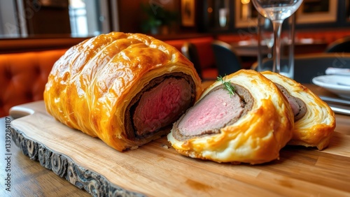 Beef Wellington with puff pastry on wooden board photo
