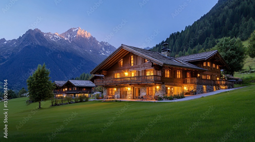 Fototapeta premium Cozy mountain lodge illuminated at twilight, rustic wooden architecture, serene nature backdrop, inviting atmosphere for getaway.