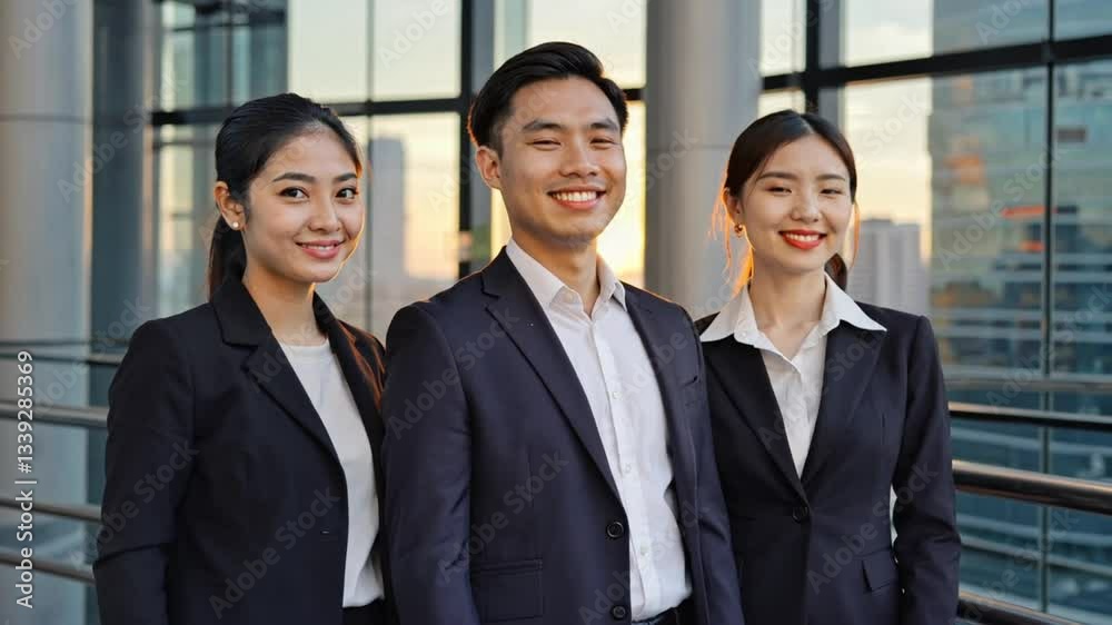 A team of three young Chinese business professionals standing confidently in a modern high-rise office. A team of three young Chinese business professionals standing confidently in a modern high-rise office.