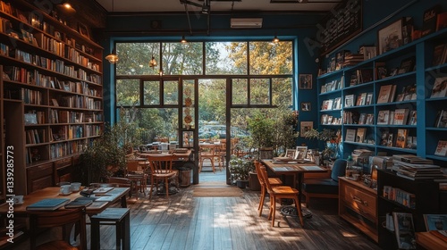 Bookstore interior with cafe tables, outdoor patio view