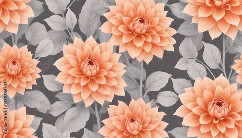vibrant floral pattern with intricate dahlia blooms and leaves, creating a seamless design. The dahlia's orange hues are striking, contrasted by the grey foliage