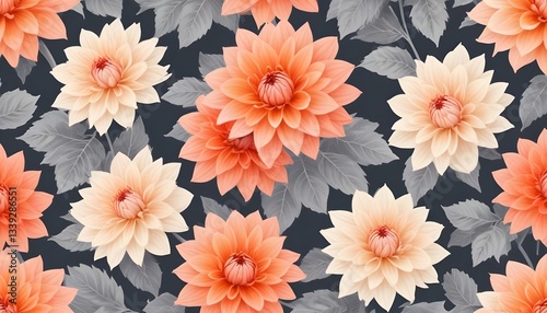 a seamless pattern featuring delicate peach-colored dahlia flowers against a contrasting background with detailed leaves