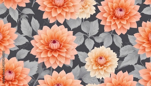 a close-up shot of a seamless floral pattern featuring vibrant orange dahlia blooms and gray leaves
