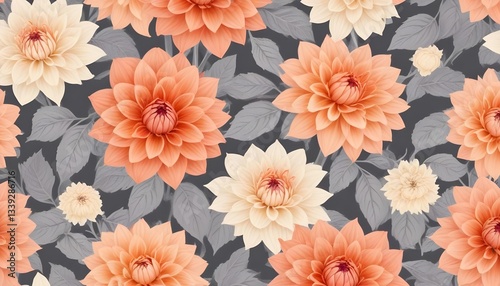 a pattern of vibrant dahlia flowers in shades of peach and cream, complemented by gray leaves