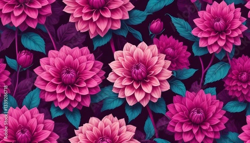 vibrant pink dahlia flowers with lush teal leaves, creating a colorful floral pattern