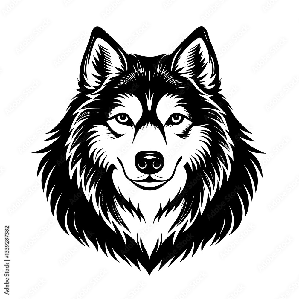Naklejka premium Black and White Alaskan Malamute Head – Vector Illustration Isolated on White Background for Pet, Dog Breed, and Animal Design Use, Malamute Head Vector, Alaskan Dog Face, Pet Breed Illustration