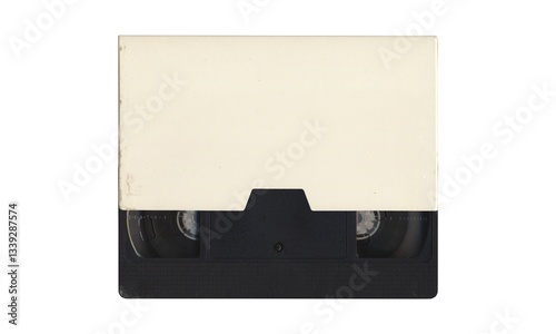 Composition with VHS videocassette partially inside an empty cover sleeve, mockup on white background