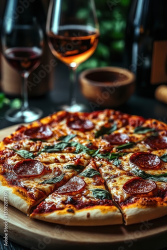 Wallpaper Mural Fresh pizza with pepperoni and basil served with glasses of wine for dinner Torontodigital.ca