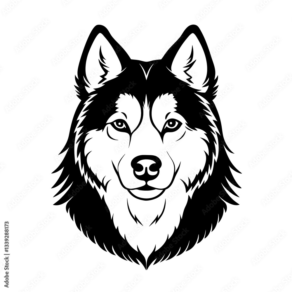 Naklejka premium Black and White Alaskan Malamute Head – Vector Illustration Isolated on White Background for Dog Breed, Pet, and Animal Designs, Malamute Head Vector, Alaskan Dog Face, Malamute Breed Icon