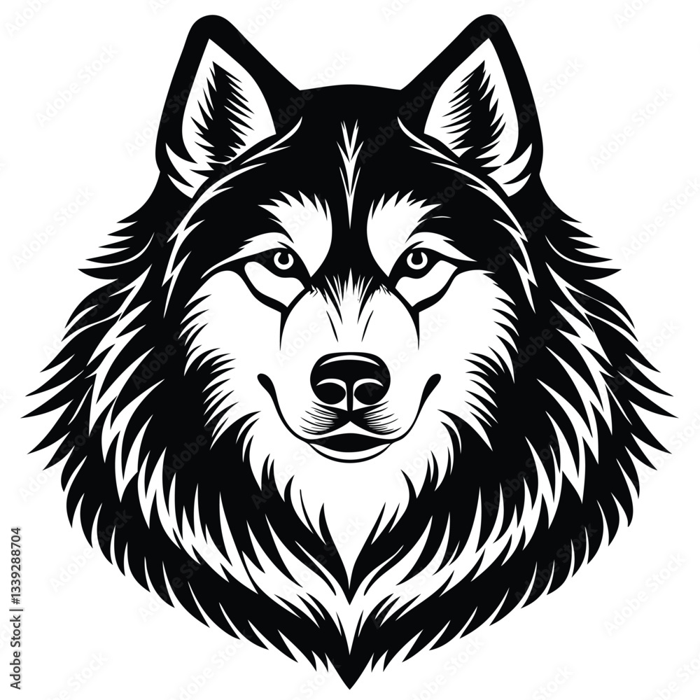 Naklejka premium Black and White Alaskan Malamute Head – Vector Illustration Isolated on White Background for Pet, Dog Breed, and Animal Design Use, Malamute Head Vector, Alaskan Dog Face, Pet Breed Illustration 