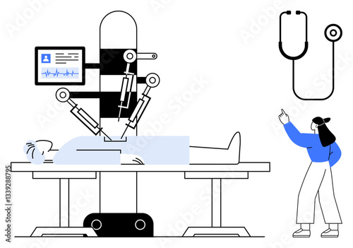 Medical robot performs surgery on a patient lying on an operating table while a doctor oversees. Ideal for healthcare, technology, innovation, robotics, telemedicine, AI, futuristic design. Flat