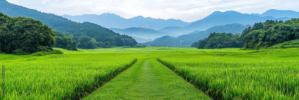 Obraz premium a green field with a path leading to a mountain range