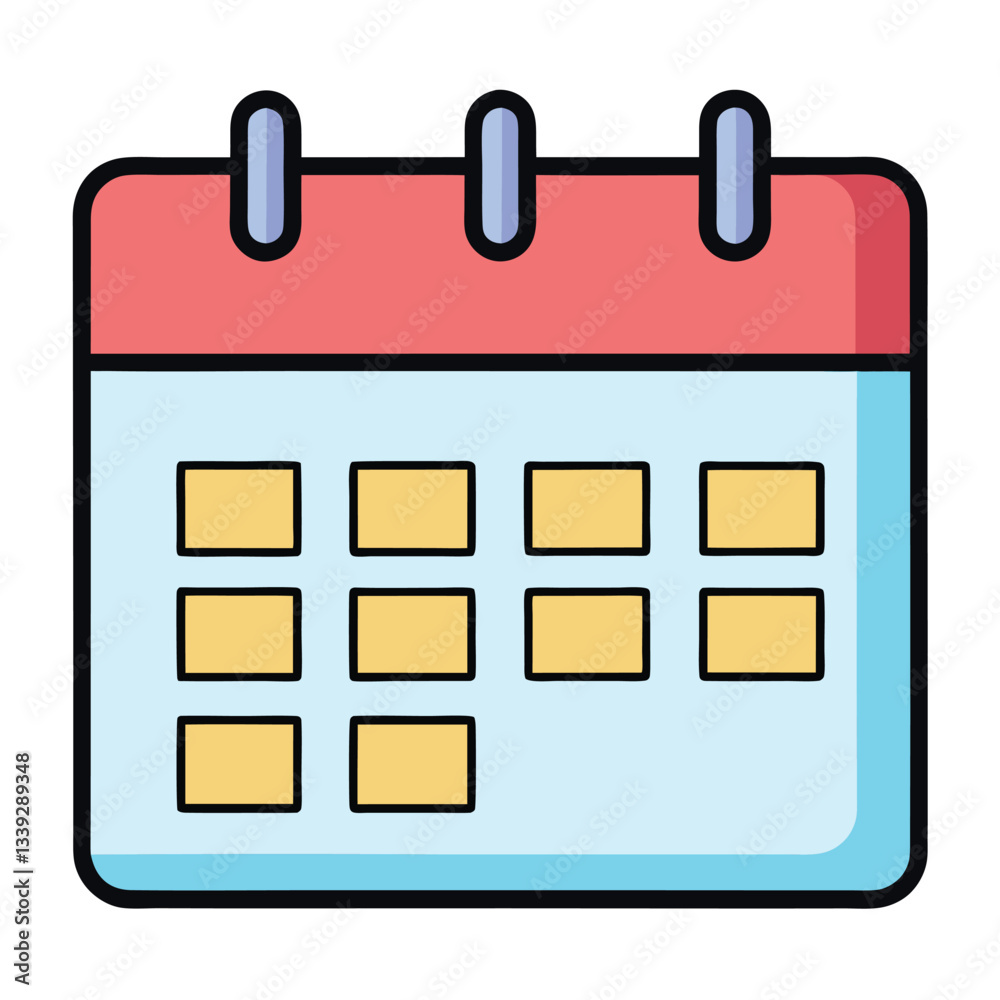 Red and Blue Calendar Vector Illustration, A vector illustration of a calendar with a red header, blue body, and yellow date boxes, set on a white background.
Red and Blue Calendar Vector Illustration, A vector illustration of a calendar with a red header, blue body, and yellow date boxes, set on a white background.