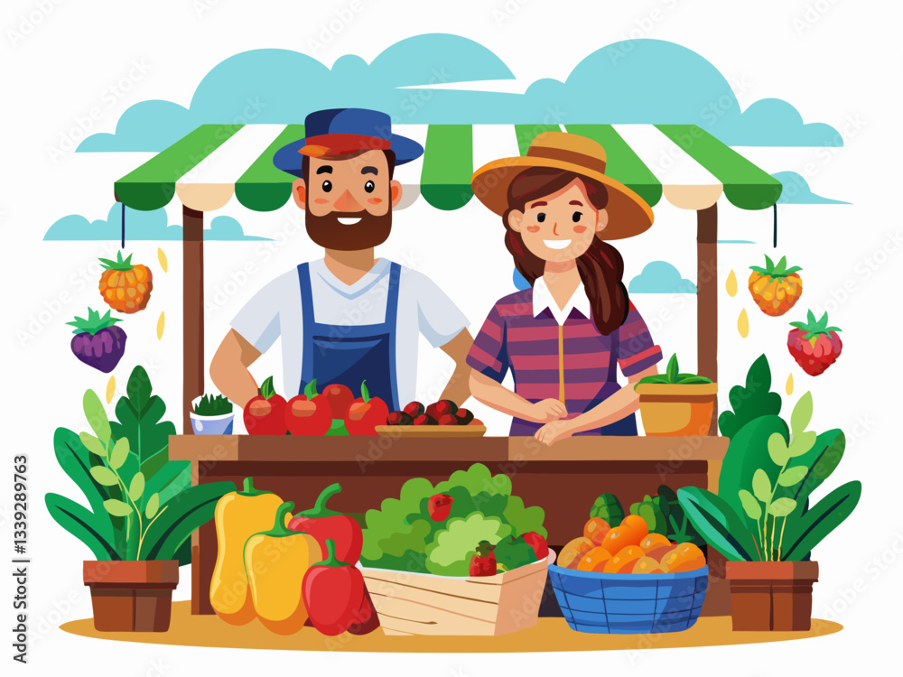 Fototapeta premium Friendly Farmers Selling Fresh Produce at a Market Stall Vector Art