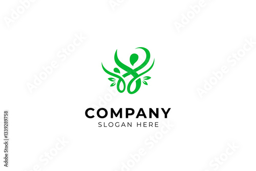 healthy person logo with natural leaves in green color flat vector design style
