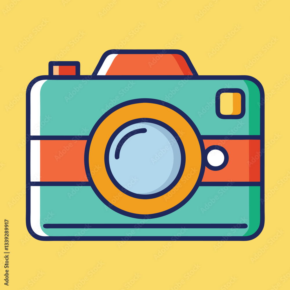 Retro Camera Vector Illustration, A vector illustration of a retro-style camera with a teal body, red stripe, and a large lens, set against a yellow background.
Retro Camera Vector Illustration, A vector illustration of a retro-style camera with a teal body, red stripe, and a large lens, set against a yellow background.