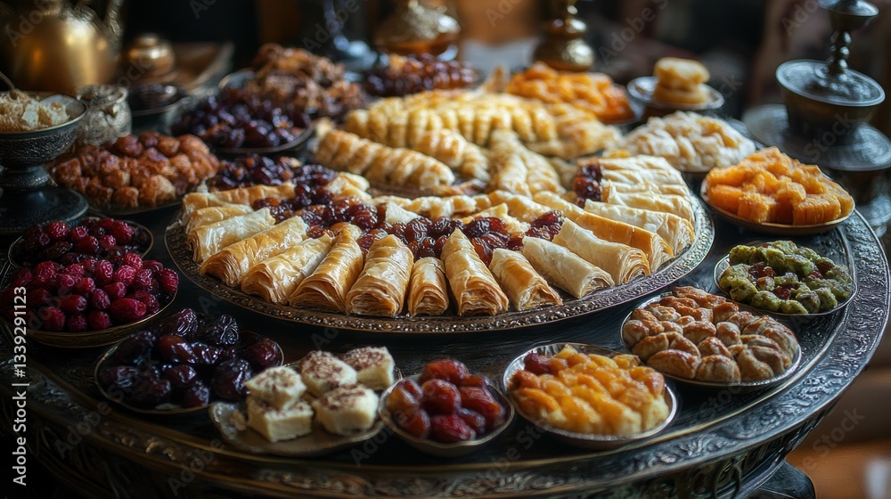 Delicious assortment of pastries and dried fruits displayed on an ornate tray at a festive gathering in a cozy setting Delicious assortment of pastries and dried fruits displayed on an ornate tray at a festive gathering in a cozy setting
