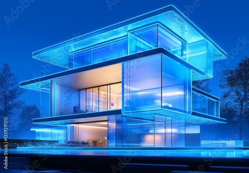 Modern futuristic house with glowing blue lights at night
