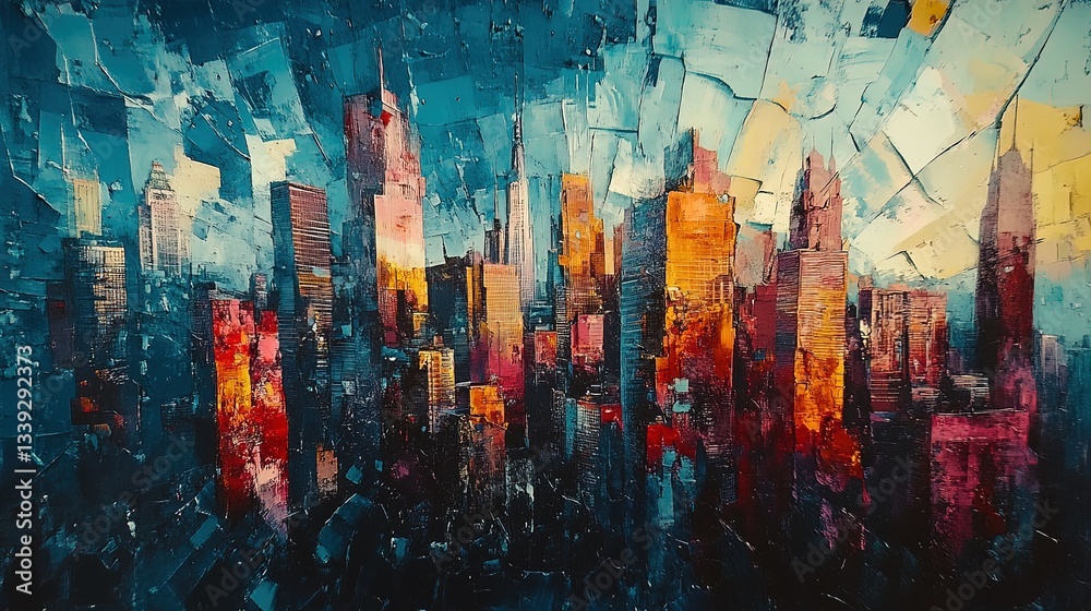 Fototapeta premium An abstract urban skyline with layered facades resembling shattered glass 