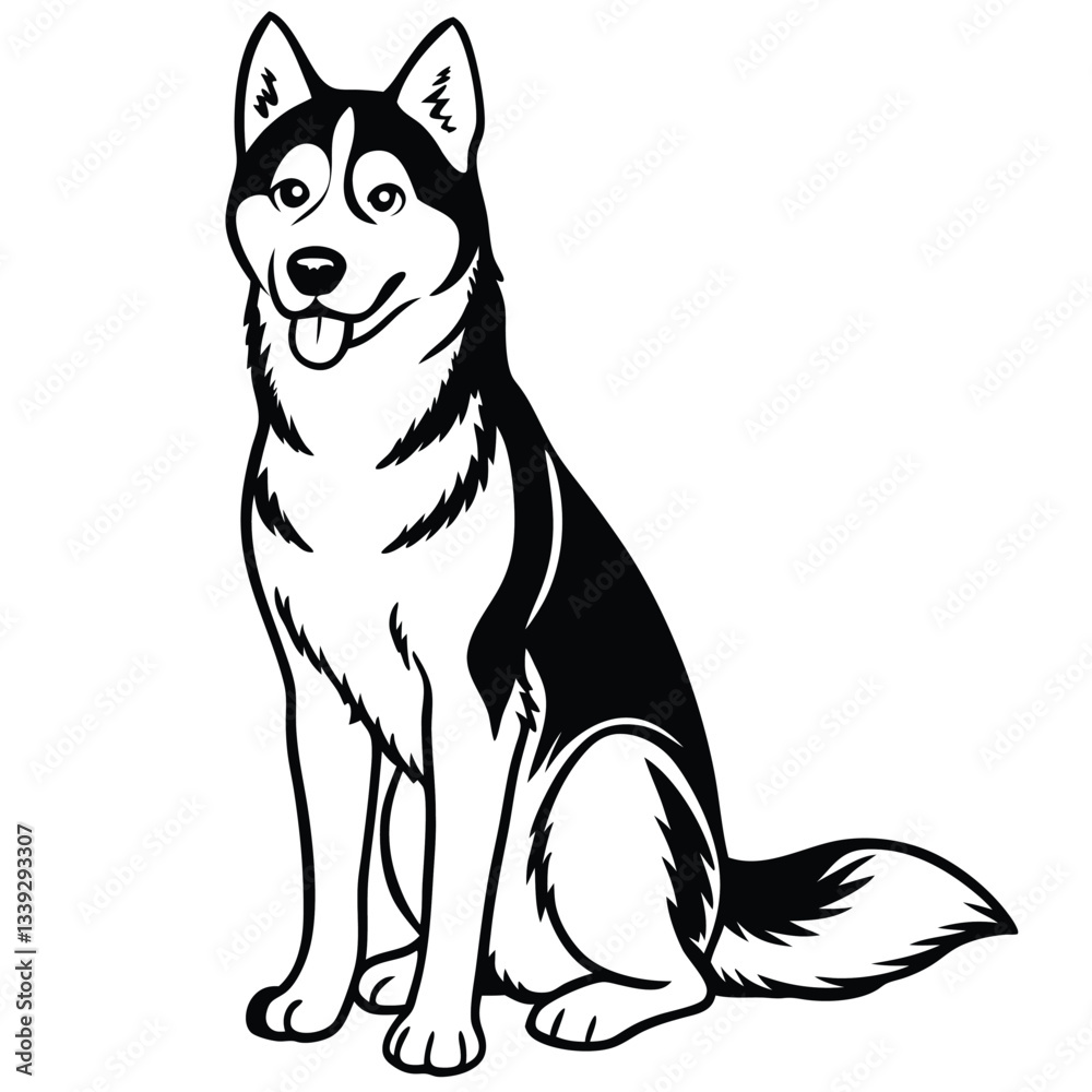 Fototapeta premium Black and White Husky Dog Sitting – Vector Illustration Isolated on White Background for Pet, Breed, and Design Use, Husky Dog Vector, Sitting Dog Illustration, Black White Pet Art