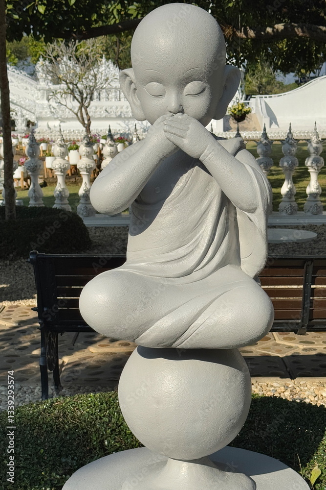 Statues of little monk meditating in the White Temple in Thailand