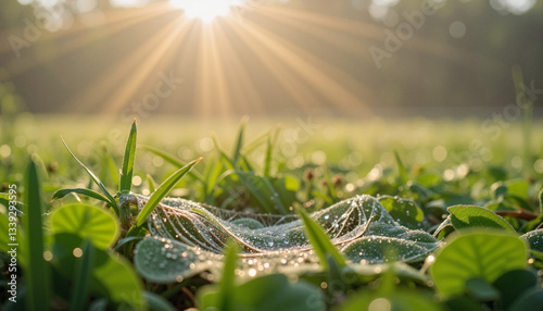 Glistening dewdrops on cobweb in morning fog, nature’s beauty