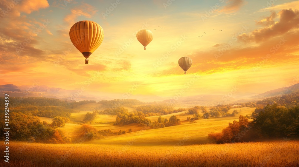 Fototapeta premium Golden Hour Hot Air Balloons Soaring Over Serene Autumn Landscape