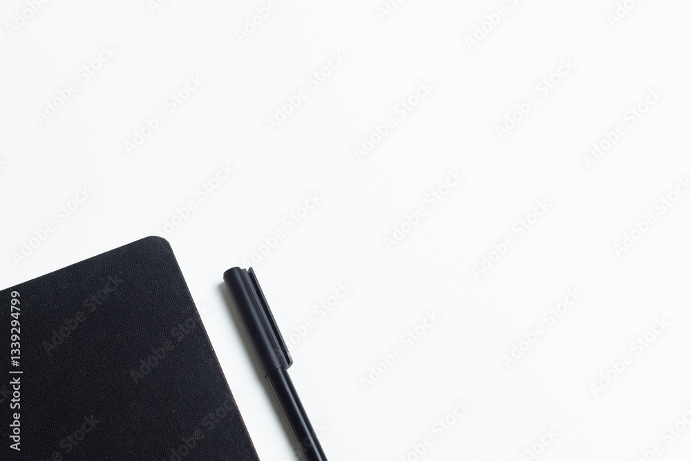 Office desk with flat top view, white table. Workspace with notebook, pen, on white background. Office desk with flat top view, white table. Workspace with notebook, pen, on white background.