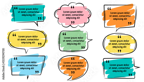 Collection of hand-drawn quotes. Simple colorful frame set. Speech bubbles with color brush pen lines stroke scribble elements.