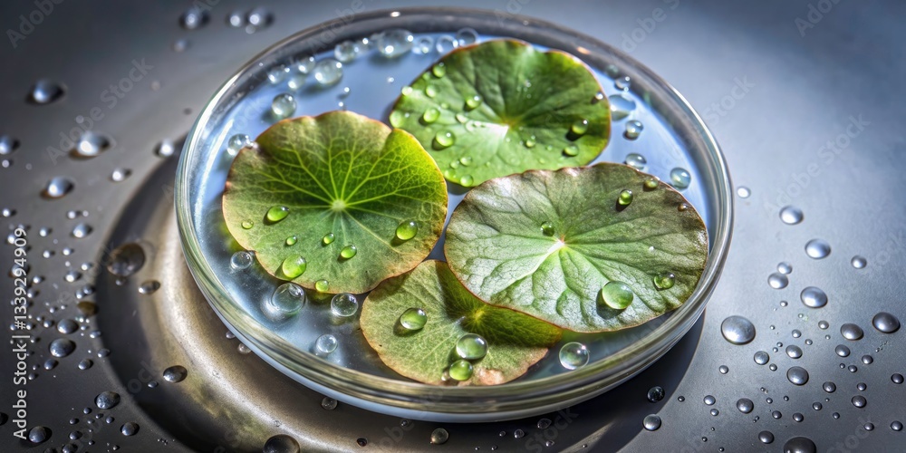 Obraz premium Panoramic Close-up: Centella Asiatica Leaves with Raindrops in Petri Dish - Top View
