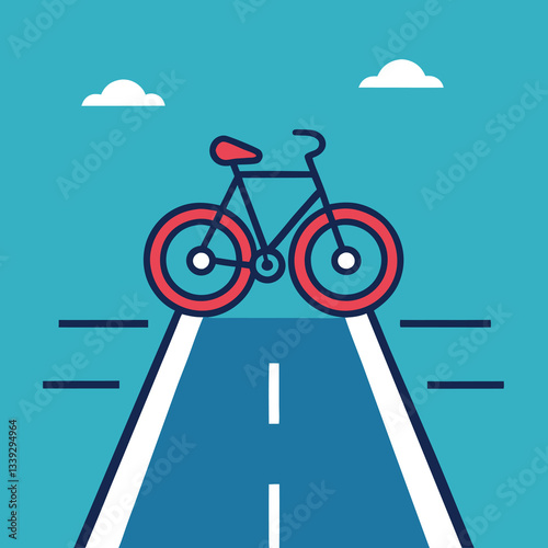 Bicycle on Road Vector Illustration, Vector illustration of a bicycle with red wheels positioned on a road with clear lane markings, set against a blue sky.
