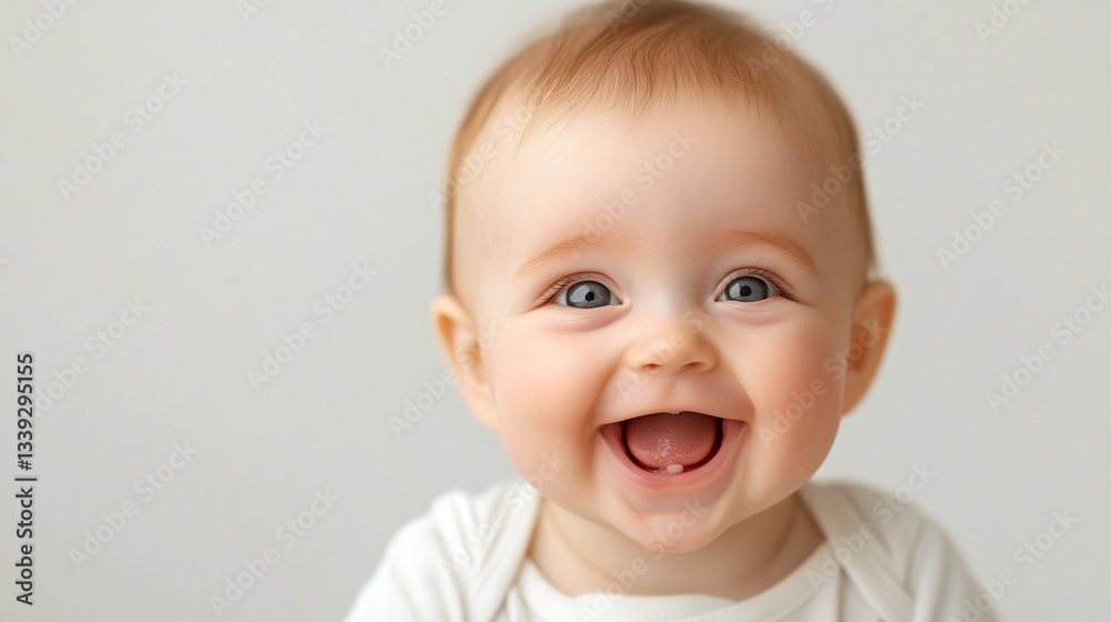 Happy baby with bright smile, cheerful infant with light brown hair in cozy white outfit, perfect for family and joy-themed visuals. Happy baby with bright smile, cheerful infant with light brown hair in cozy white outfit, perfect for family and joy-themed visuals.
