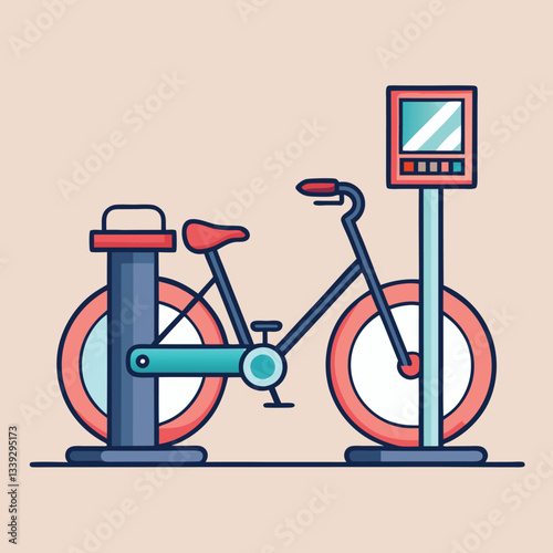 Bike Rental Kiosk Vector Illustration, Vector illustration of a bicycle at a rental kiosk with a digital screen and bright colored bike, perfect for urban transportation.
