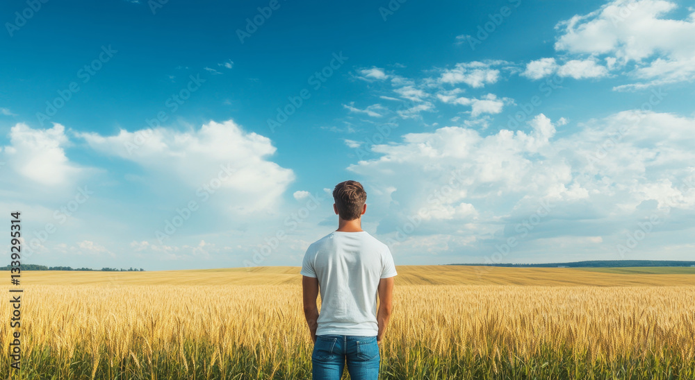 A young individual stands contemplatively in a vast field of golden wheat, embracing the agricultural landscape. The sky is bright with clouds, showcasing modern farming in a serene environment. A young individual stands contemplatively in a vast field of golden wheat, embracing the agricultural landscape. The sky is bright with clouds, showcasing modern farming in a serene environment.