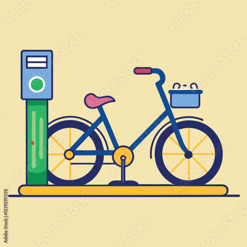 Bike Rental Station Vector Illustration, A vector illustration of a bicycle at a bike rental station, featuring a green docking station and a basket on the bike.
