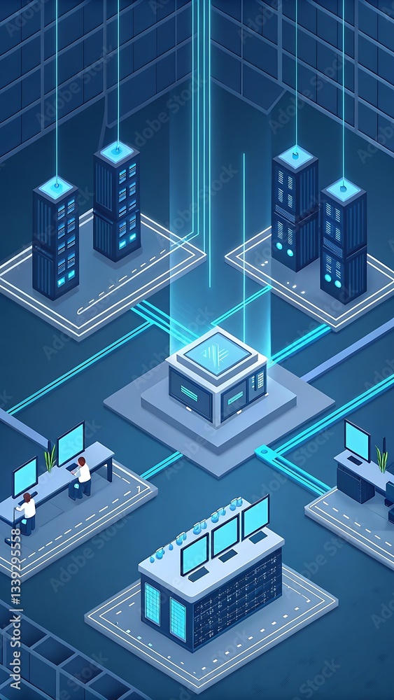Isometric Data Center Illustration with Network Connection, Servers, and Control Room, Modern Technology Concept. Isometric Data Center Illustration with Network Connection, Servers, and Control Room, Modern Technology Concept.