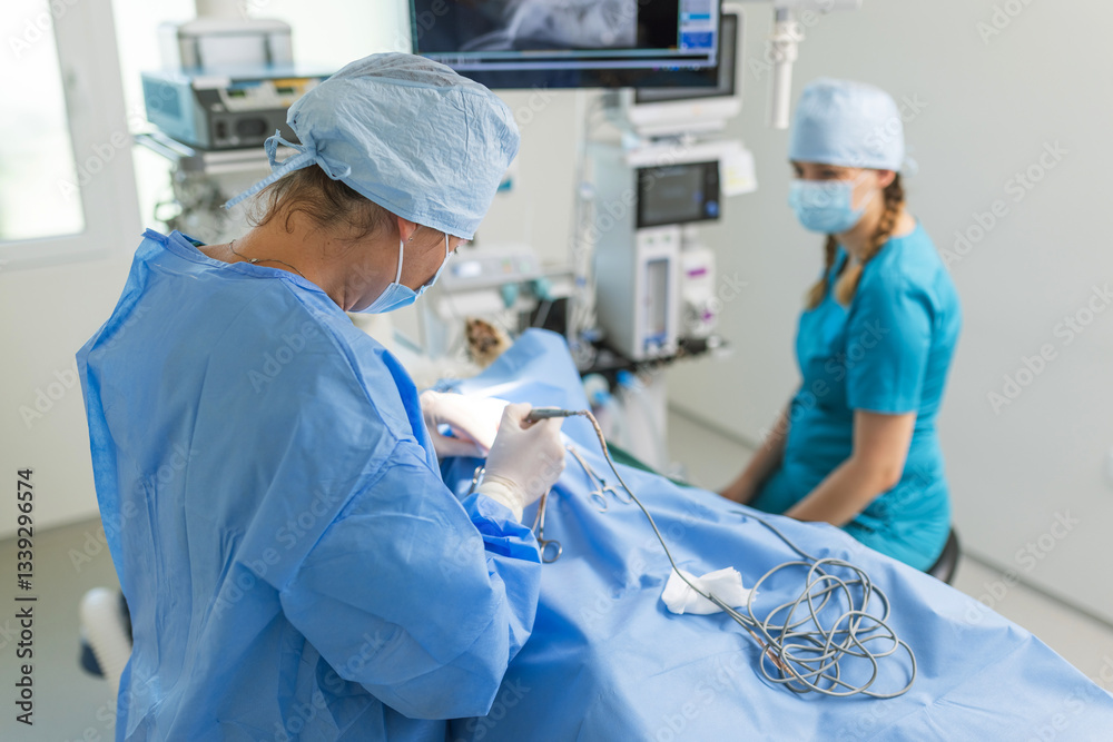 Two veterinary professionals preparing dog on the operating table for surgery. Vet clinic and animal healthcare concept. Two veterinary professionals preparing dog on the operating table for surgery. Vet clinic and animal healthcare concept.