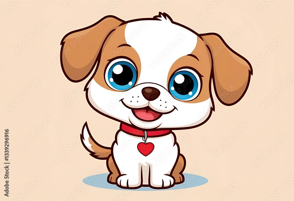 Naklejka premium A cute cartoon puppy with big blue eyes, soft fur, and a red collar with a heart tag. This lovable dog illustration radiates joy and warmth, ideal for pet-themed designs or children’s illustrations.