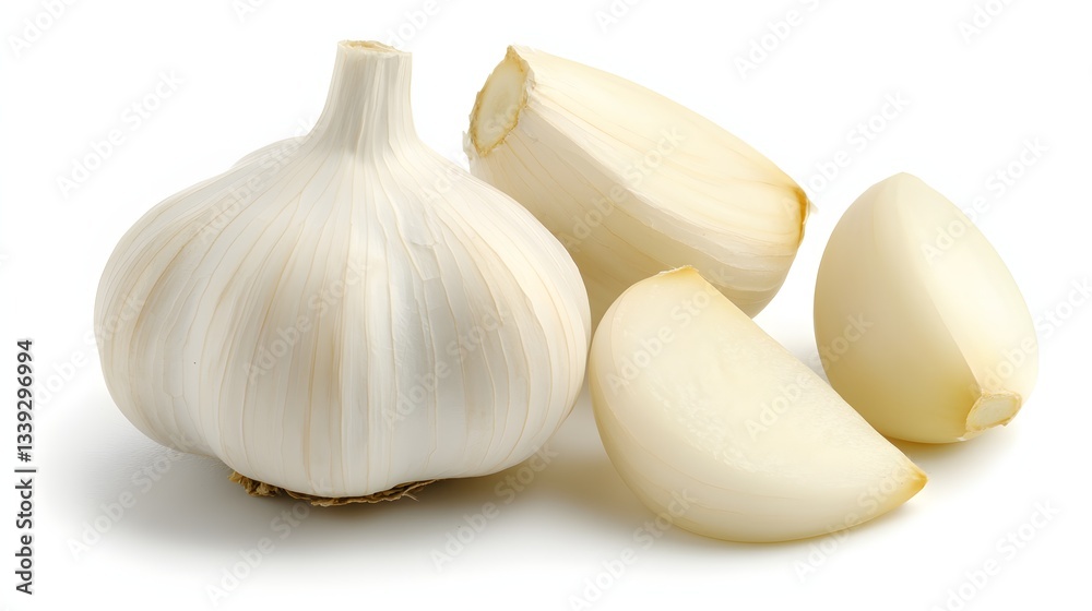 Fresh Garlic Bulb with Sliced Cloves on a White Background Ready for Culinary Use Fresh Garlic Bulb with Sliced Cloves on a White Background Ready for Culinary Use