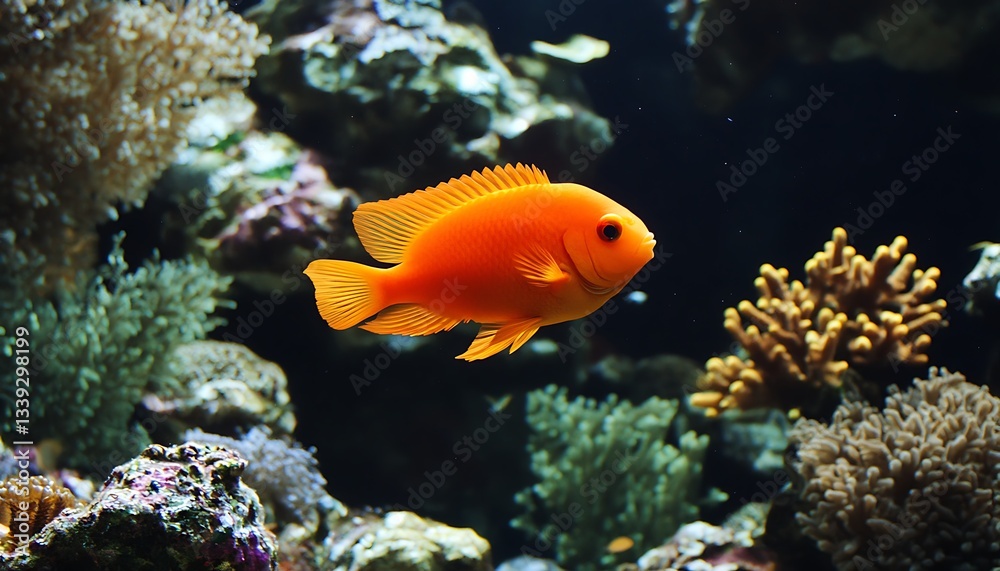 Orange fish swimming in aquarium with corals in background Orange fish swimming in aquarium with corals in background