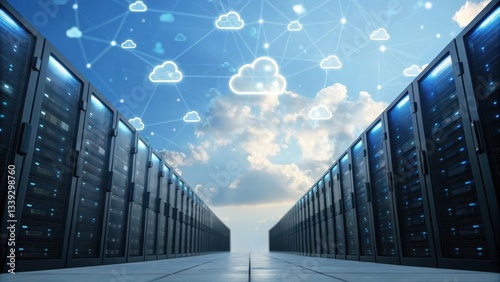 Cloud based file storage technology. Data center with servers under a blue sky and cloud network visualization.